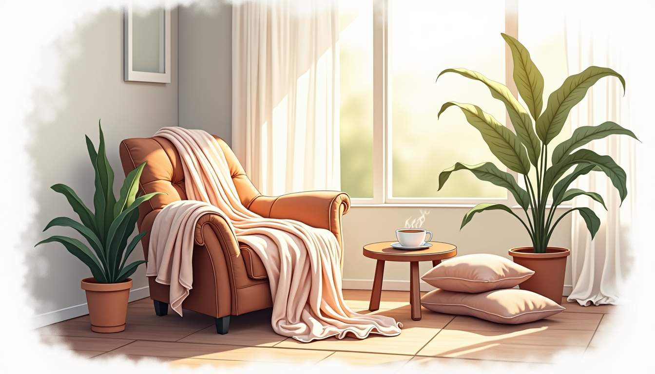 a serene morning scene featuring a beautifully textured quilted cotton robe draped elegantly over a cozy armchair, with soft sunlight streaming through a window, casting gentle shadows, and a steaming cup of tea or coffee on a nearby table, surrounded by warm, inviting decor elements like plants and cushions, hand-drawn abstract illustration for a company blog, white background, professional, minimalist, clean lines, faded colors