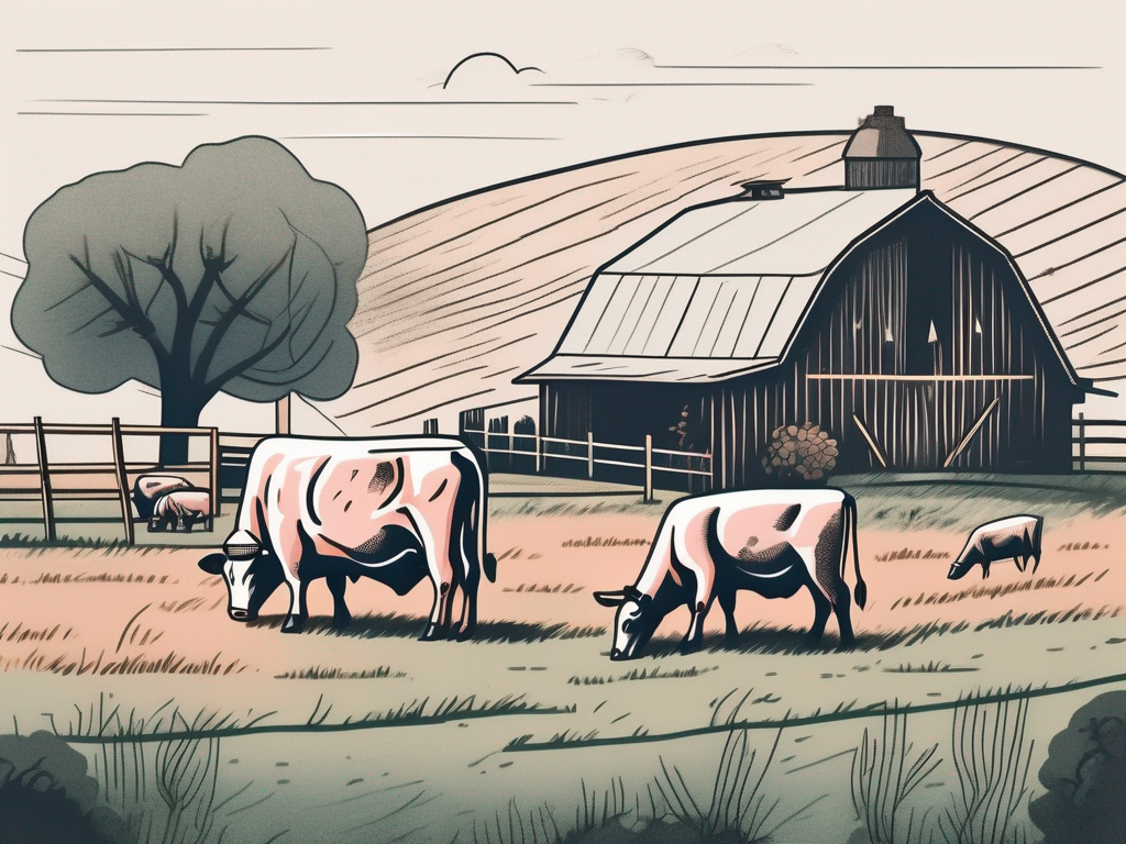 a picturesque farm with grazing animals, transitioning into a local butcher shop showcasing various cuts of meat, with a fork at the end indicating the final destination of the journey, hand-drawn abstract illustration for a company blog, white background, professional, minimalist, clean lines, faded colors