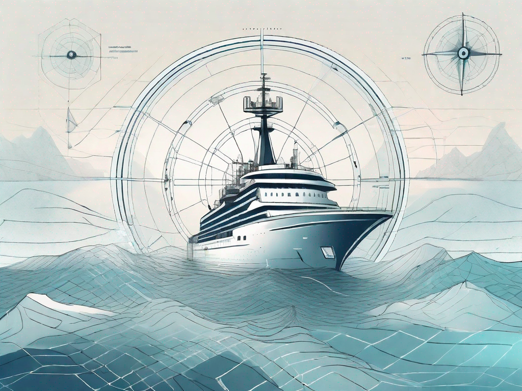 a high-tech marine navigation system showcasing its advanced features like 3D imaging and augmented reality, set against the backdrop of a serene ocean, hand-drawn abstract illustration for a company blog, white background, professional, minimalist, clean lines, faded colors