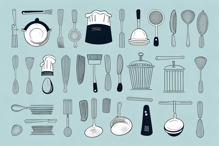 various kitchen tools and utensils, a chef's hat, and a set of food items, all being cleaned and sanitized, hinting at the importance of food hygiene in a restaurant setting, hand-drawn abstract illustration for a company blog, in style of corporate memphis, faded colors, white background, professional, minimalist, clean lines