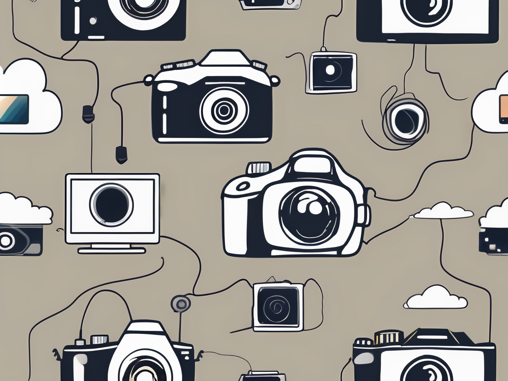 a camera connected to various digital platforms (represented by symbols such as a cloud, a globe, a mouse cursor etc.), symbolizing the expansion of a photographer's online presence beyond social media, hand-drawn abstract illustration for a company blog, white background, professional, minimalist, clean lines, faded colors