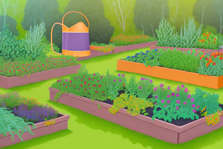 a raised bed garden filled with a variety of lush, colorful vegetables and flowers, with a few gardening tools like a watering can and a trowel set to the side, hand-drawn abstract illustration for a company blog, in style of corporate memphis, faded colors, white background, professional, minimalist, clean lines