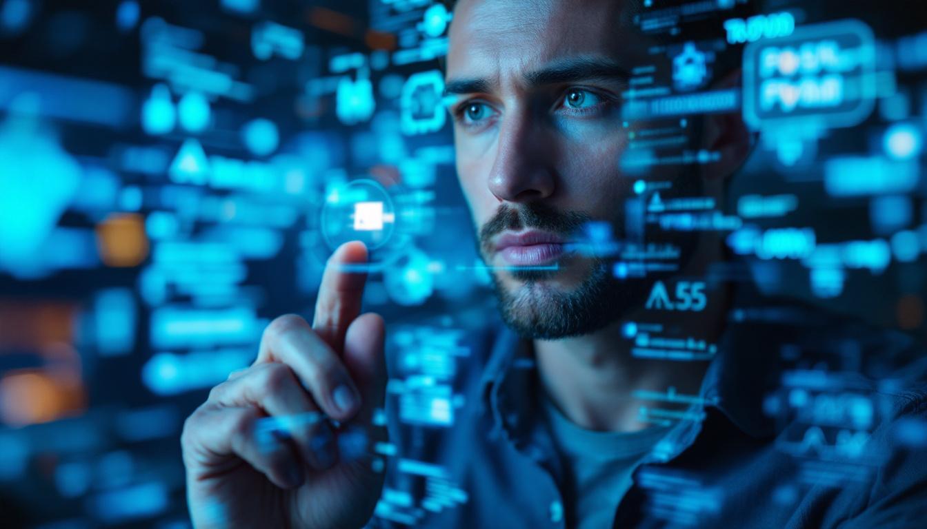 En mann som studerer holografiske KI-grensesnitt på nært hold, som visualiserer konsepter knyttet til selvbevisst kunstig intelligens og avansert maskinforståelse.