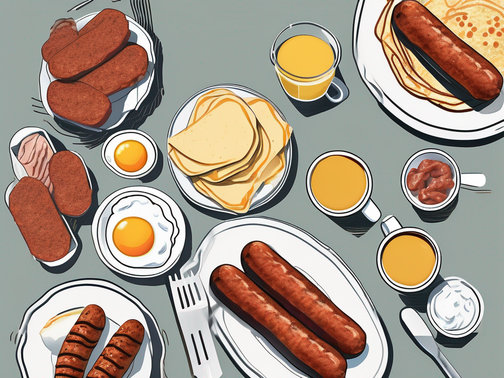 a spread of breakfast dishes featuring Esposito's breakfast sausage links, such as a plate with scrambled eggs and sausage links, a stack of pancakes with sausage on the side, and a breakfast burrito with visible sausage links inside, hand-drawn abstract illustration for a company blog, white background, professional, minimalist, clean lines, faded colors