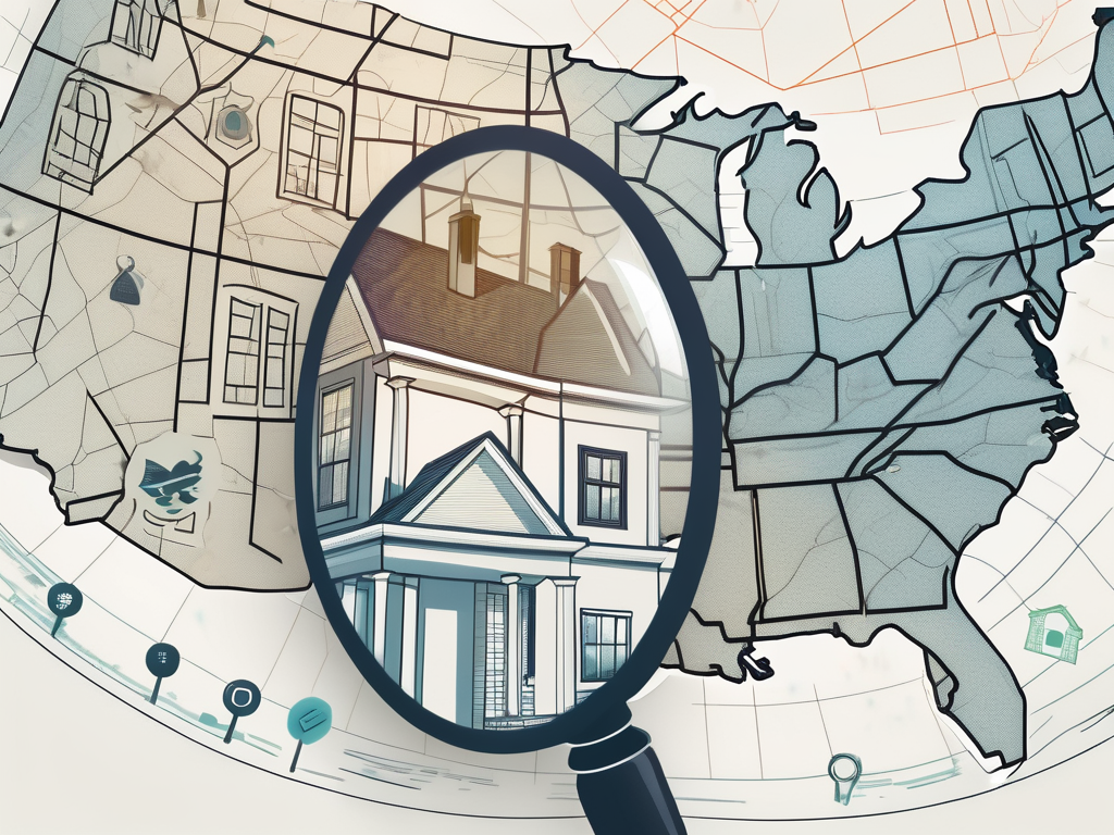 a magnifying glass hovering over a digital map with various house icons, representing Zillow's algorithm analyzing real estate prices, hand-drawn abstract illustration for a company blog, white background, professional, minimalist, clean lines, faded colors