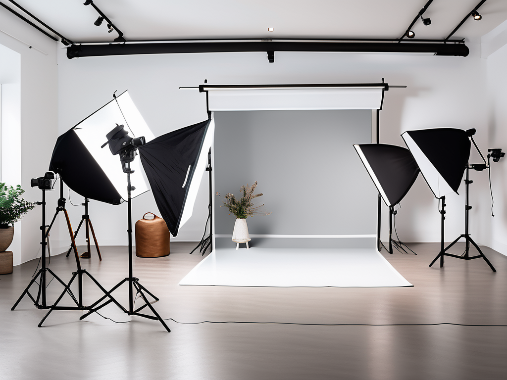 a small photography studio with various high-end photography equipment and accessories, highlighting an upscale, professional atmosphere to represent the potential for upselling, hand-drawn abstract illustration for a company blog, white background, professional, minimalist, clean lines, faded colors