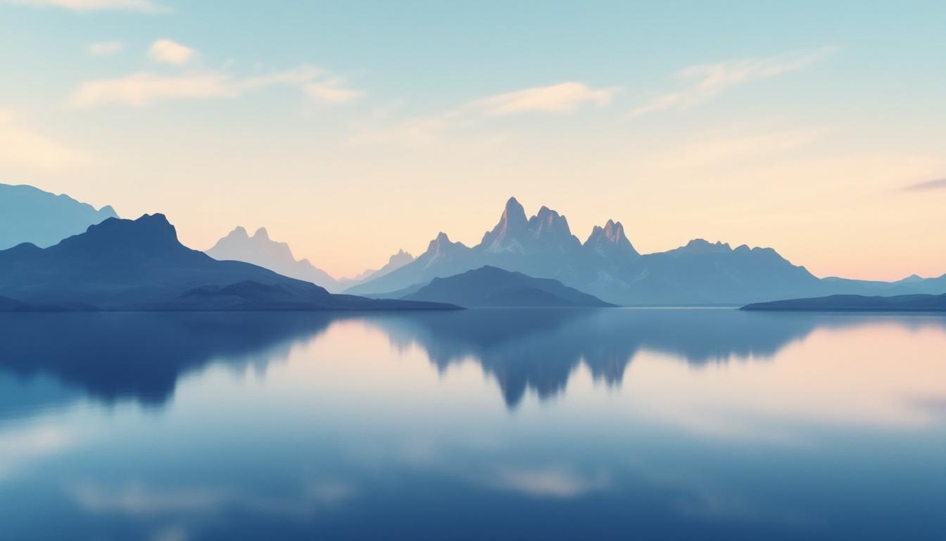 Rolig fjellandskap ved en speilblank innsjø i mykt morgengry – et symbol på klarhet, overblikk og nye muligheter for bedrifter til salgs.