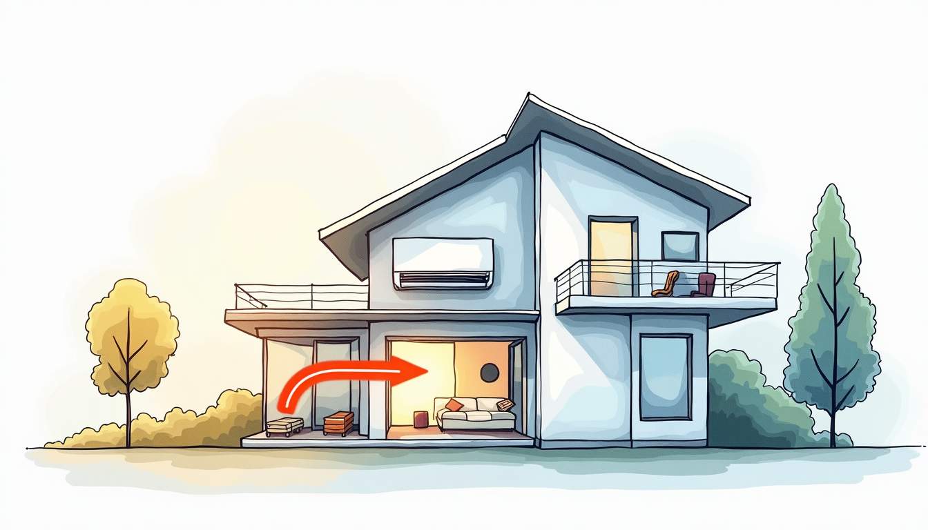 Draw an illustration of a modern home and office environment, featuring a sleek VRV (Variable Refrigerant Volume) system unit integrated into the architecture, with arrows indicating the flow of air and temperature control, surrounded by elements that suggest comfort and energy efficiency, hand-drawn abstract illustration for a company blog, white background, professional, minimalist, clean lines, faded colors