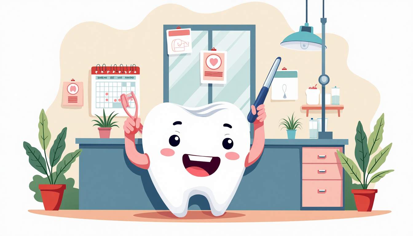 a vibrant dental clinic scene featuring a large tooth character happily receiving a checkup, surrounded by dental tools, charts showing healthy gums, and a calendar highlighting regular checkup dates, all set against a bright, welcoming background, hand-drawn abstract illustration for a company blog, white background, professional, minimalist, clean lines, faded colors