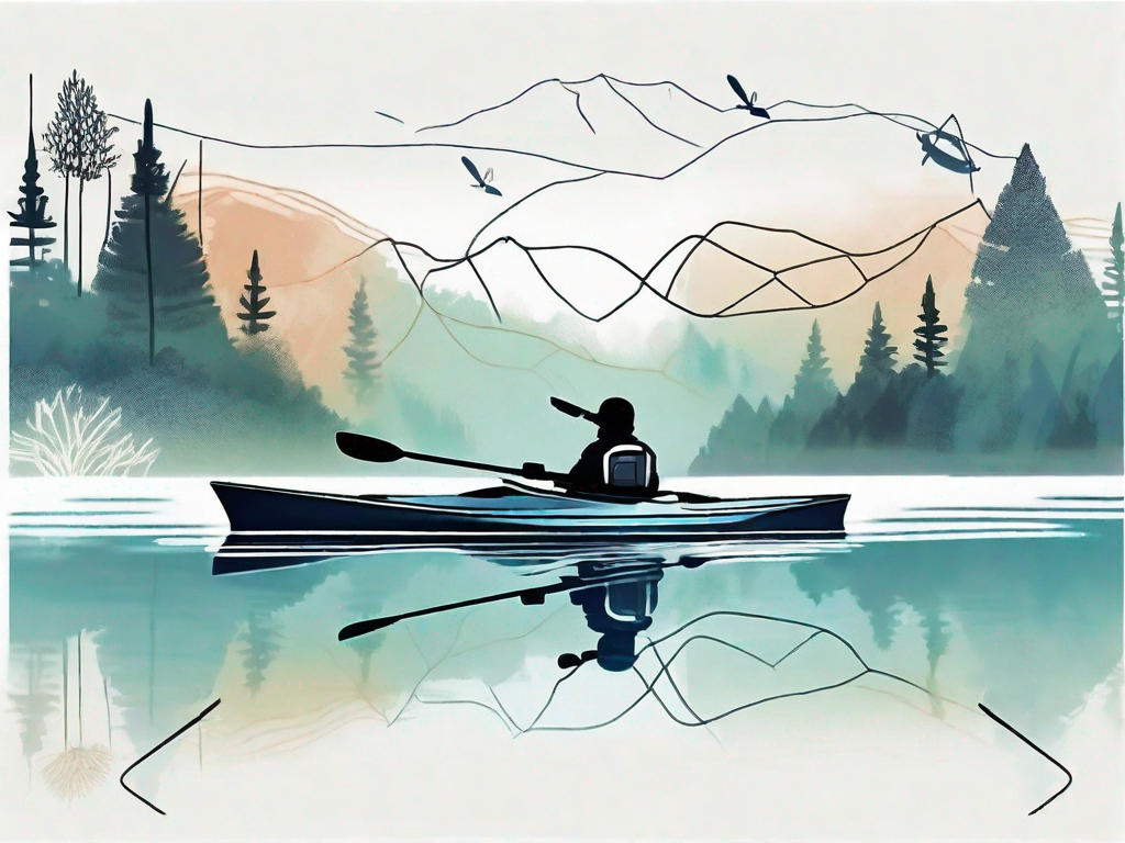 a kayak on a serene lake, with a high-tech fish finder device mounted on it, and fish silhouettes visible underwater, hand-drawn abstract illustration for a company blog, white background, professional, minimalist, clean lines, faded colors