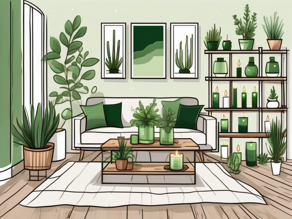 a cozy, eco-friendly living room with various types of green, sustainable candles, such as soy or beeswax, placed on a reclaimed wood coffee table and a bookshelf, with a few potted indoor plants around to emphasize the green theme, hand-drawn abstract illustration for a company blog, white background, professional, minimalist, clean lines, faded colors