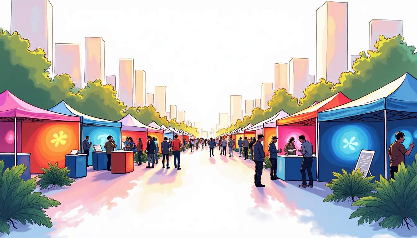 an engaging outdoor event scene featuring vibrant promotional displays, branded tents, and interactive product demonstrations, all set in a lively urban environment that conveys energy and excitement, hand-drawn abstract illustration for a company blog, white background, professional, minimalist, clean lines, faded colors