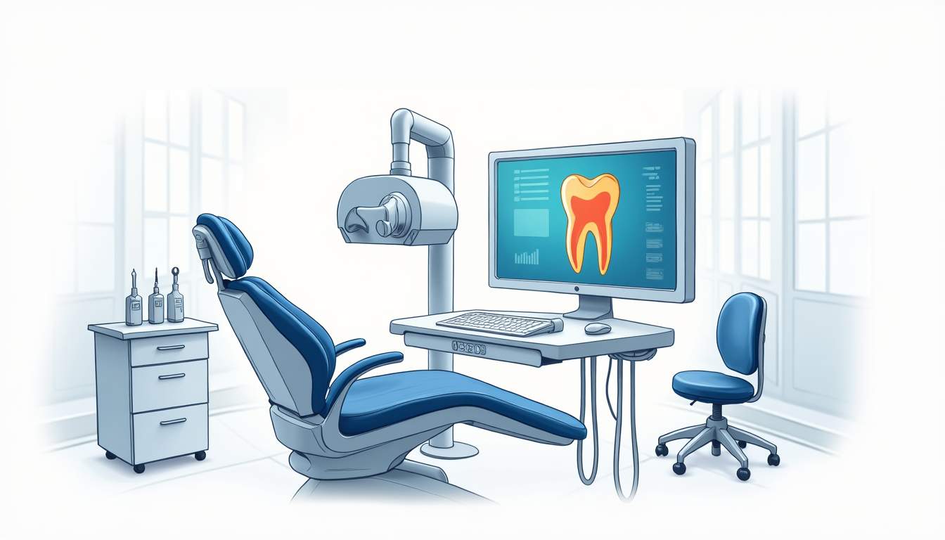 an advanced dental imaging device, such as a 3D scanner or digital X-ray machine, surrounded by a variety of dental tools and a digital interface displaying dental images, all set against a clean, modern dental clinic backdrop, hand-drawn abstract illustration for a company blog, white background, professional, minimalist, clean lines, faded colors
