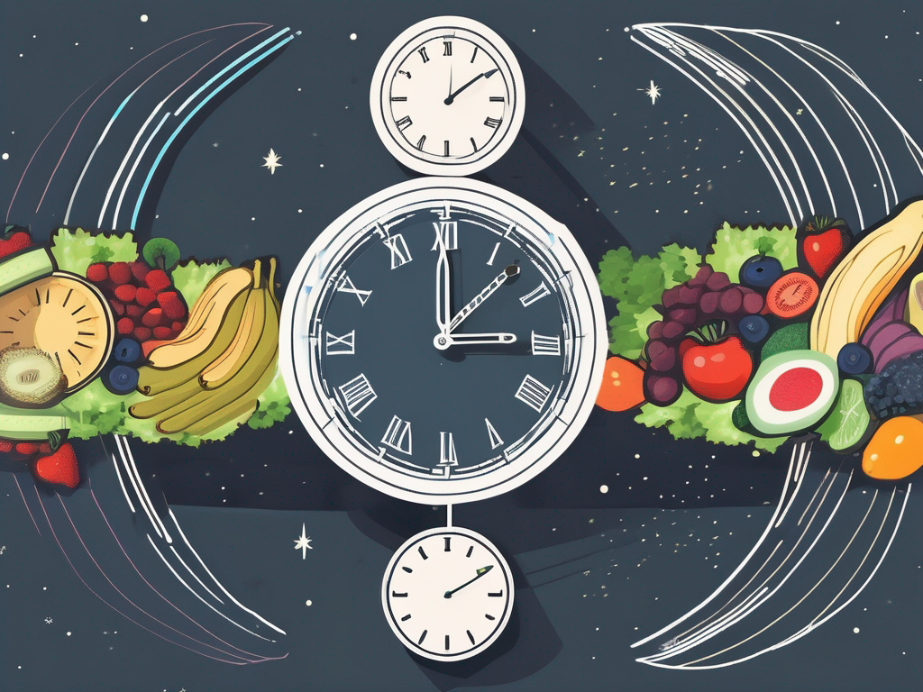 an artistic representation of a clock divided into two sections, with one half filled with vibrant, healthy foods and the other half depicting a serene night sky, symbolizing the balance of eating and fasting in the 16:8 intermittent fasting method, hand-drawn abstract illustration for a company blog, white background, professional, minimalist, clean lines, faded colors