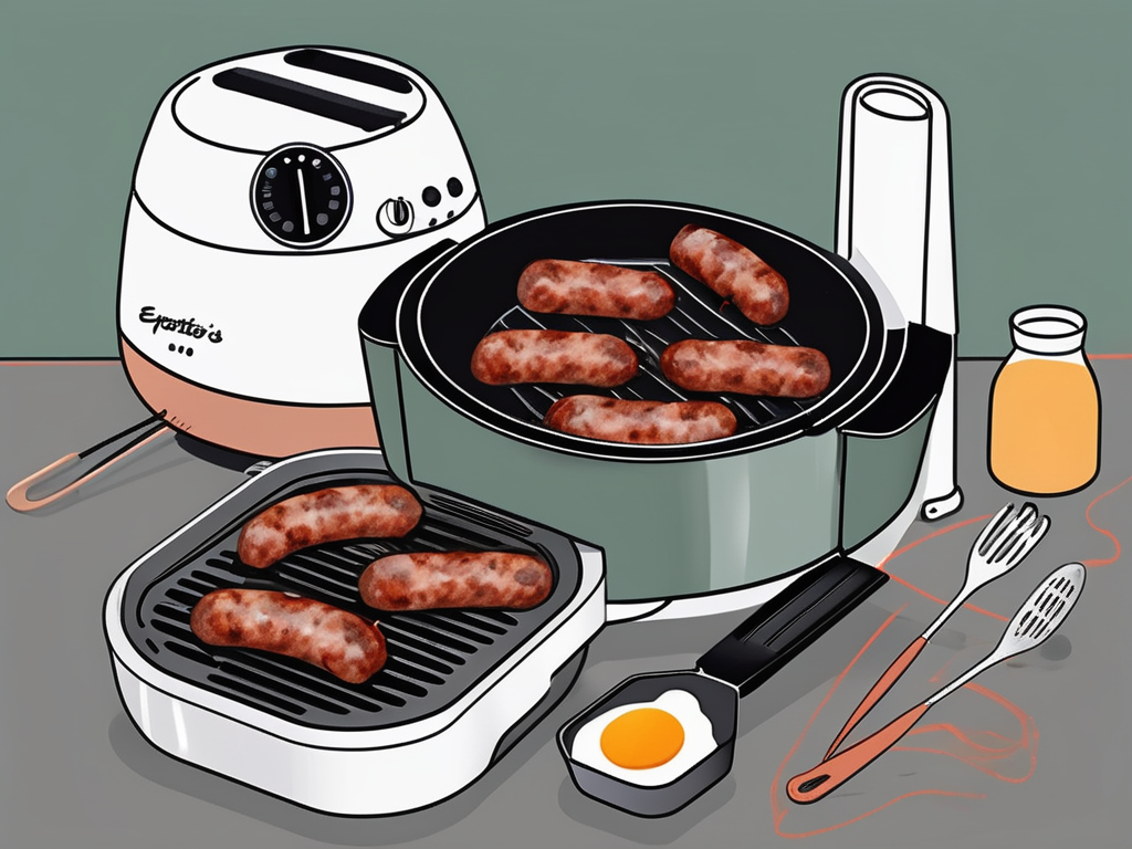 an air fryer with Esposito's Breakfast Sausage Links inside, surrounded by kitchen utensils like tongs and a spatula, with a timer or a cooking thermometer nearby, hand-drawn abstract illustration for a company blog, white background, professional, minimalist, clean lines, faded colors