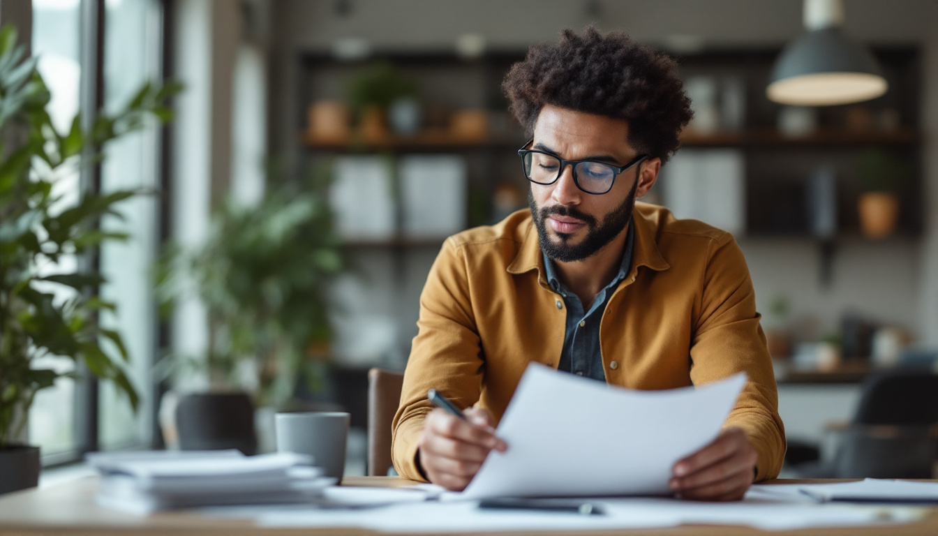 a photograph of a confident entrepreneur in a modern office setting, contemplating their future while reviewing documents, symbolizing the importance of securing their financial stability with a disability insurance plan, photographic, realistic, for a startup's blog, low saturation, life-like realistic soft lighting 4k sigma 50mm f2.8