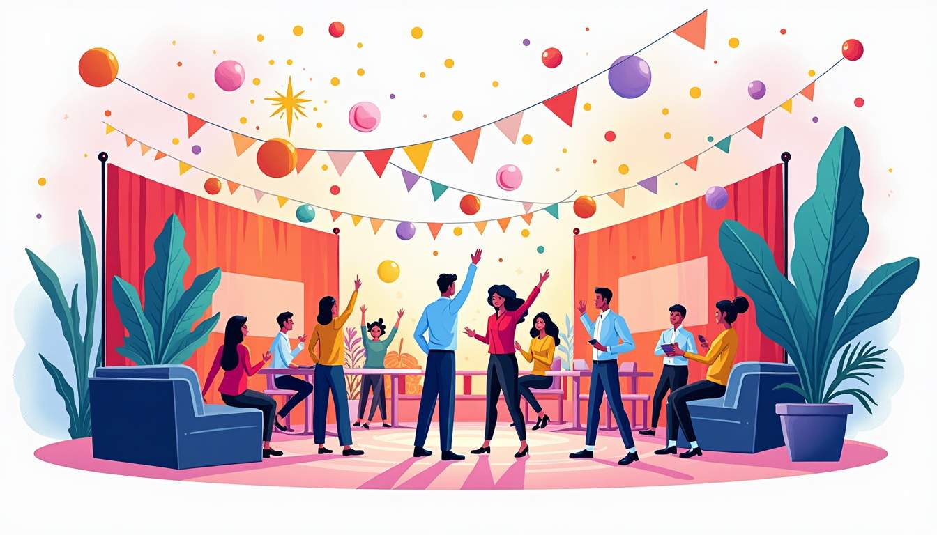 a vibrant and dynamic event scene featuring a beautifully decorated venue, complete with elegant decorations, engaging activities, and a variety of branded elements that evoke a sense of excitement and professionalism, hand-drawn abstract illustration for a company blog, white background, professional, minimalist, clean lines, faded colors