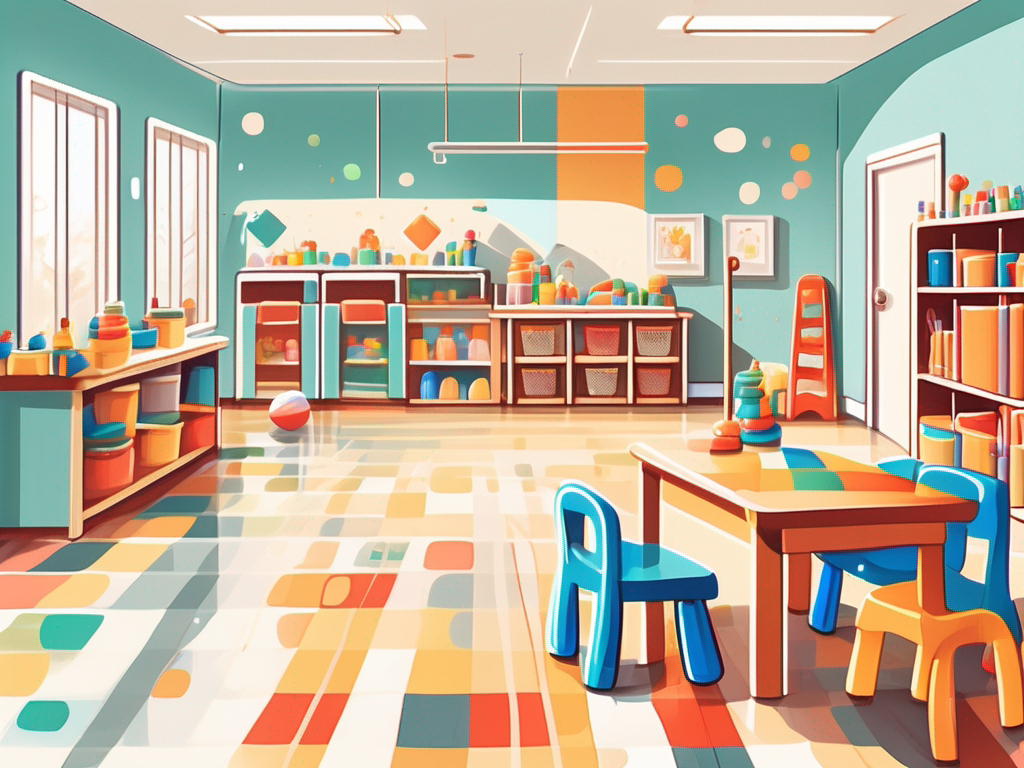 a clean, colorful, and vibrant childcare center with toys, books, and furniture, all sparkling clean, and a few elements like a mop, bucket, and sanitizer bottles, symbolizing the cleaning services, hand-drawn abstract illustration for a company blog, white background, professional, minimalist, clean lines, faded colors