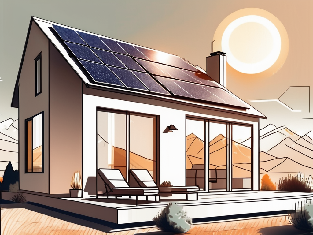 a house with solar panels on the roof, surrounded by a sunlit landscape, with a price tag hanging off one of the panels, hand-drawn abstract illustration for a company blog, white background, professional, minimalist, clean lines, faded colors