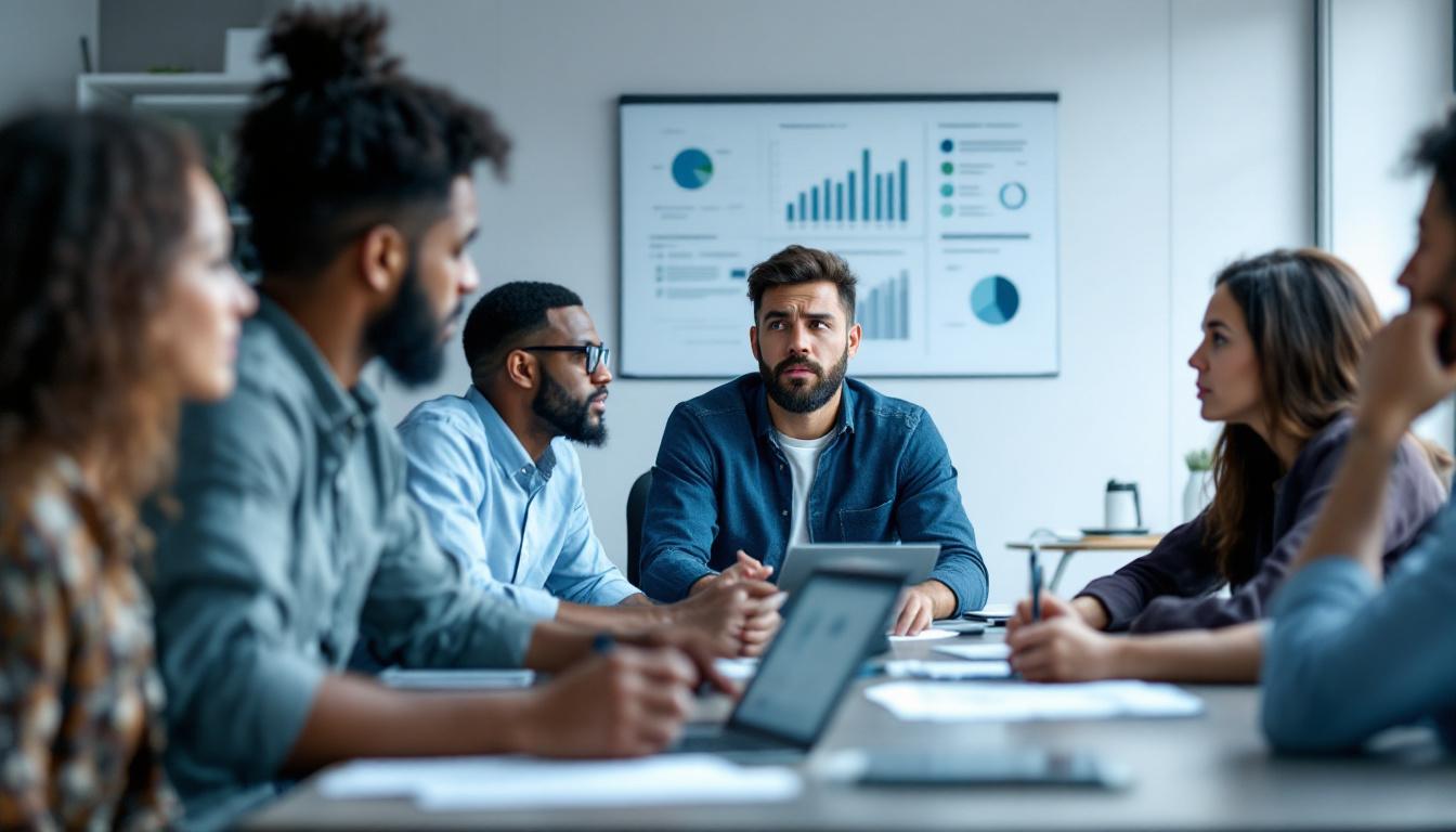 Gruppe ansatte i møte som diskuterer vanlige utfordringer ved å implementere kunstig intelligens, med analyser og grafer synlig på veggen i bakgrunnen.