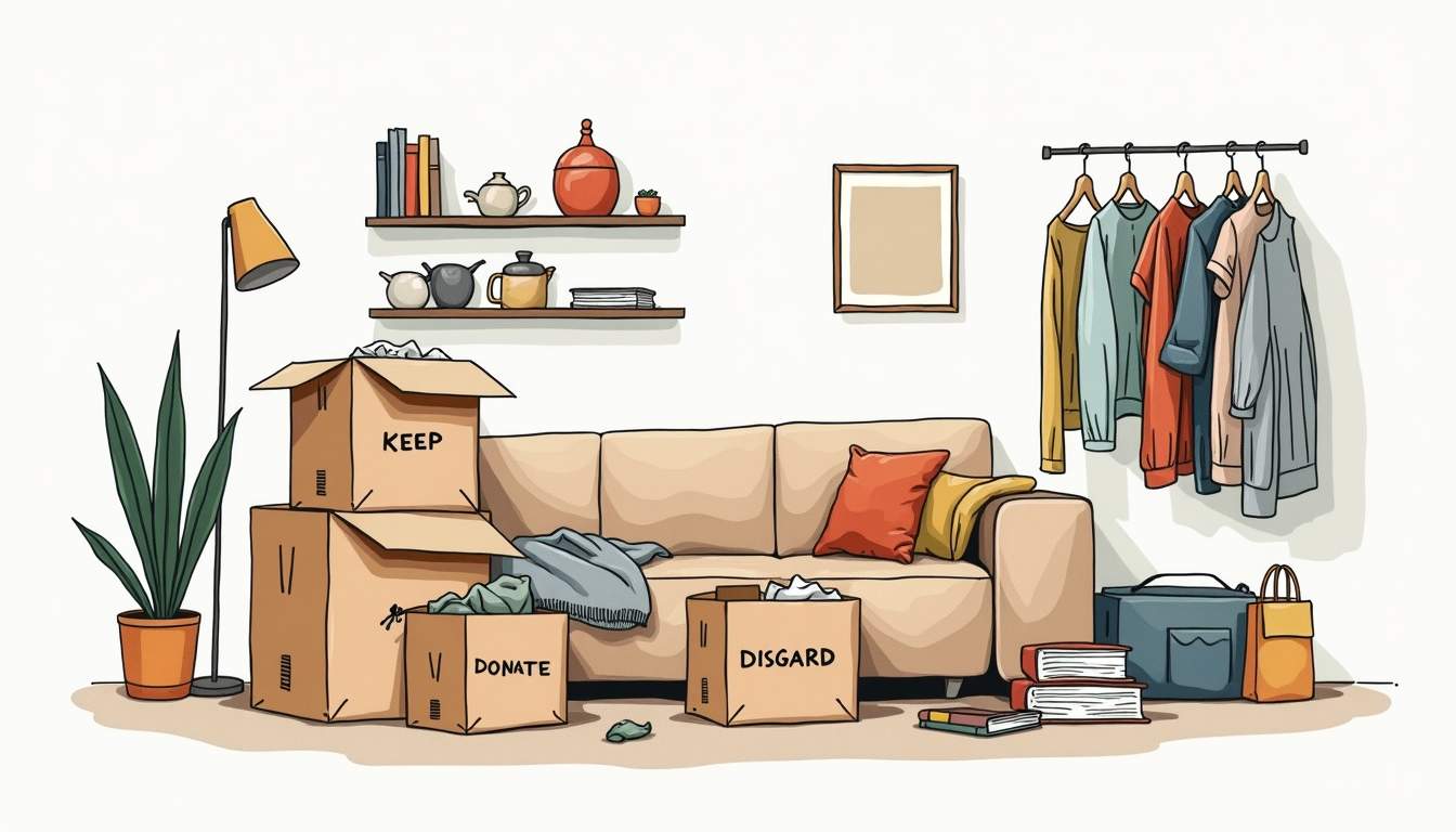 a cozy, organized living space with boxes labeled