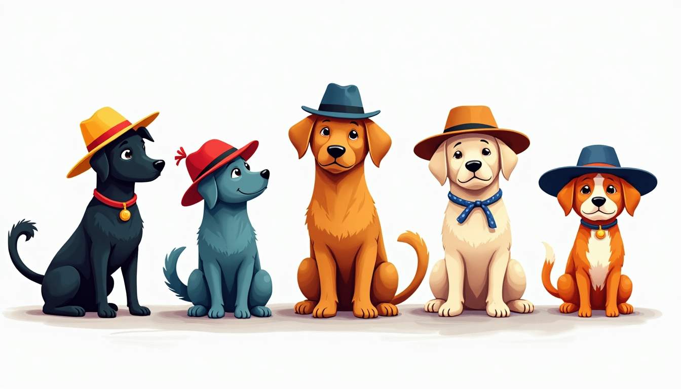 a variety of stylish caps and hats designed for different pets, showcasing diverse animal silhouettes like dogs and cats, each wearing unique and trendy headwear in a colorful, playful setting, hand-drawn abstract illustration for a company blog, white background, professional, minimalist, clean lines, faded colors
