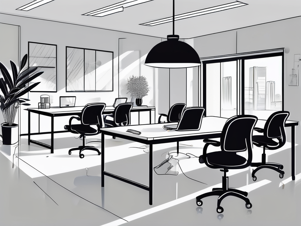 a cleaning supplies kit, a workshop setup with chairs and a projector, all set against the backdrop of a sparkling clean office space, hand-drawn abstract illustration for a company blog, white background, professional, minimalist, clean lines, black and white