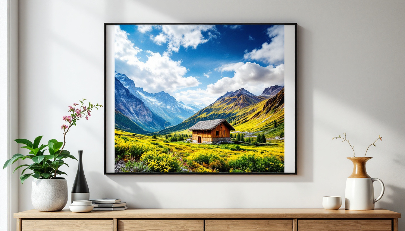 a photograph of a vibrant metal photo print displayed in a modern setting, juxtaposed with a traditional framed print, highlighting the textural differences and visual appeal of both mediums to illustrate the article's comparison, photographic, realistic, for a startup's blog, low saturation, life-like realistic soft lighting 4k sigma 50mm f2.8