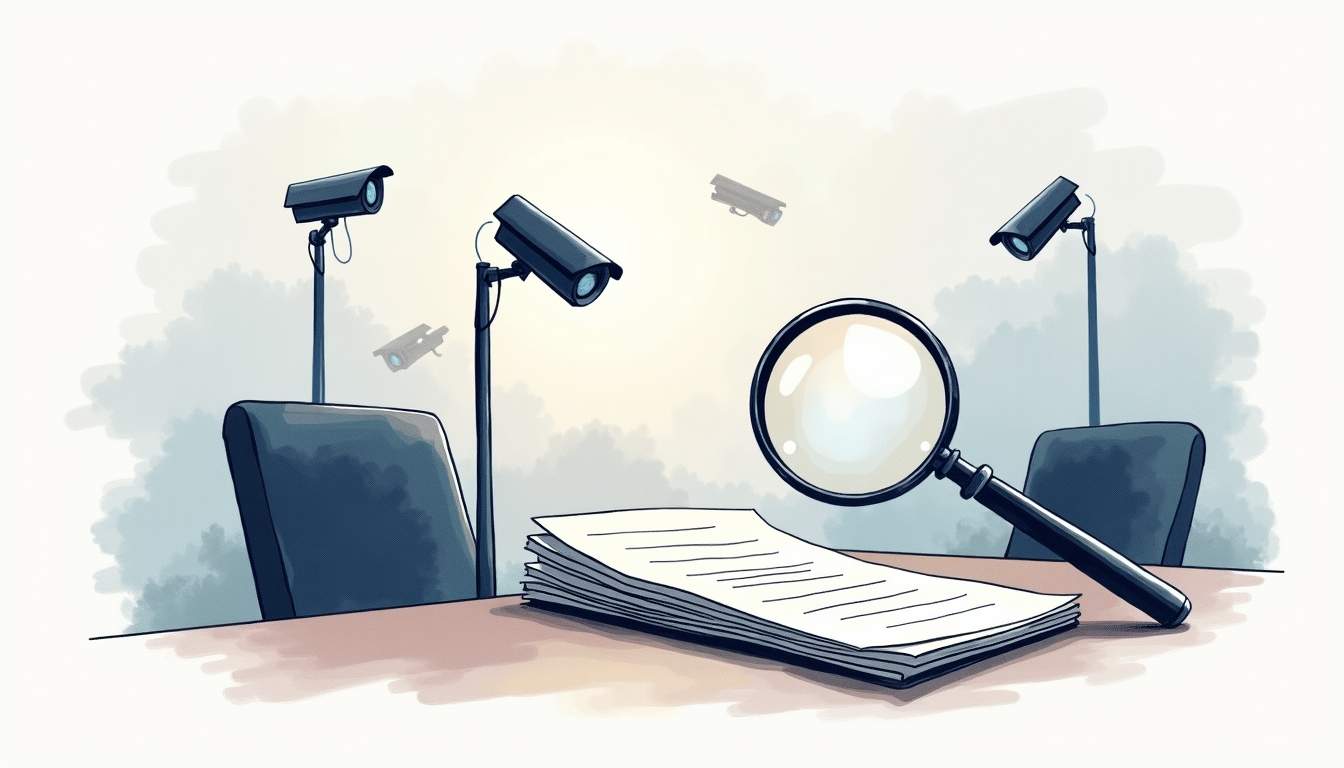 an abstract scene depicting a shadowy office environment with hidden surveillance cameras, a magnifying glass hovering over a stack of documents, and a faint outline of a confidential file, all conveying the theme of investigation and secrecy in employee misconduct, hand-drawn abstract illustration for a company blog, white background, professional, minimalist, clean lines, faded colors
