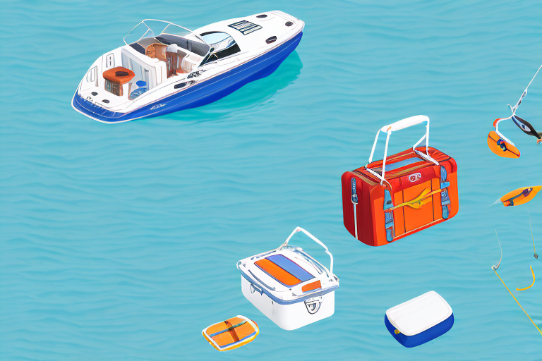 a rental boat loaded with essential items like life jackets, cooler, fishing gear, sunscreen, and a picnic basket, floating on calm waters under a sunny sky, hand-drawn abstract illustration for a company blog, in style of corporate memphis, faded colors, white background, professional, minimalist, clean lines