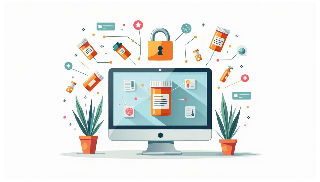 a secure digital interface displaying a prescription refill process, featuring elements like a computer screen with a prescription bottle, a lock symbol for security, and various medication icons to emphasize the online aspect, hand-drawn abstract illustration for a company blog, white background, professional, minimalist, clean lines, faded colors