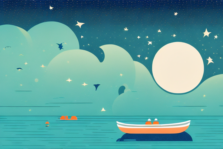 a serene night scene on a lake, featuring a small boat equipped with safety lights and life vests, surrounded by glowing moonlight and stars, hand-drawn abstract illustration for a company blog, in style of corporate memphis, faded colors, white background, professional, minimalist, clean lines