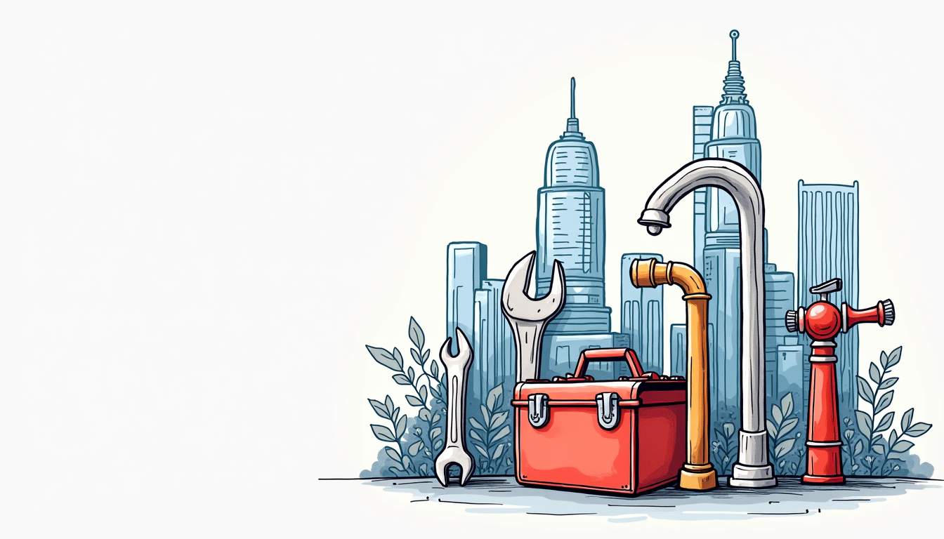 an array of plumbing tools and equipment, such as wrenches, pipes, a toolbox, and a dripping faucet, set against a backdrop of a stylized Singapore skyline to emphasize the location, hand-drawn abstract illustration for a company blog, white background, professional, minimalist, clean lines, faded colors