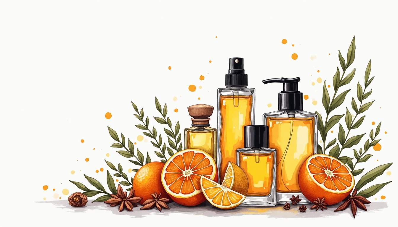an elegant arrangement of various fragrance bottles, layered with aromatic ingredients like citrus peels, herbs, and spices, set against a backdrop that suggests a luxurious and inviting atmosphere, hand-drawn abstract illustration for a company blog, white background, professional, minimalist, clean lines, faded colors