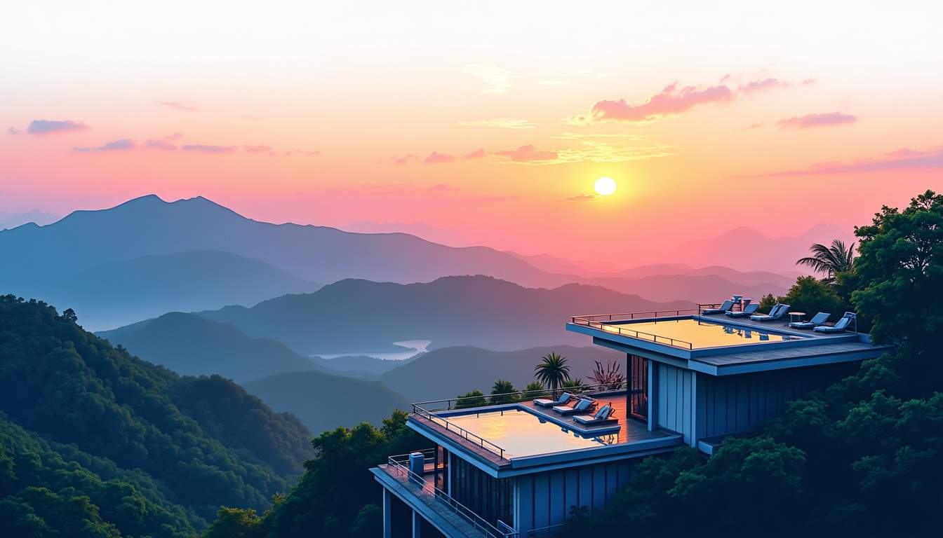 a stunning skyline of Genting Highlands, featuring luxurious hotels with rooftop pools that overlook lush green mountains and a vibrant sunset, capturing the essence of relaxation and breathtaking views, hand-drawn abstract illustration for a company blog, white background, professional, minimalist, clean lines, faded colors