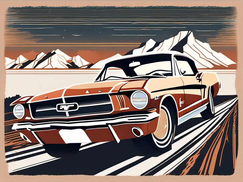 a classic American car, like a Ford Mustang or a Chevrolet Impala, parked on an open road with iconic USA landscapes, such as the Grand Canyon or a Route 66 signpost, in the background, hand-drawn abstract illustration for a company blog, white background, professional, minimalist, clean lines, faded colors