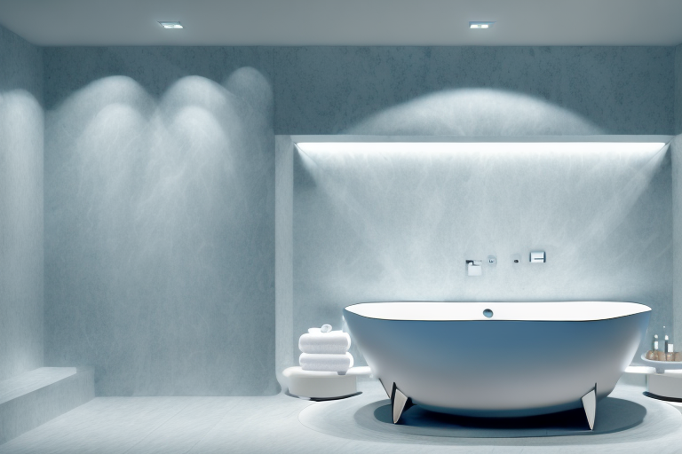 a luxurious spa bath with various features like jets, LED lights, and a comfortable headrest, placed in a serene and well-decorated home bathroom setting, hand-drawn abstract illustration for a company blog, in style of corporate memphis, faded colors, white background, professional, minimalist, clean lines