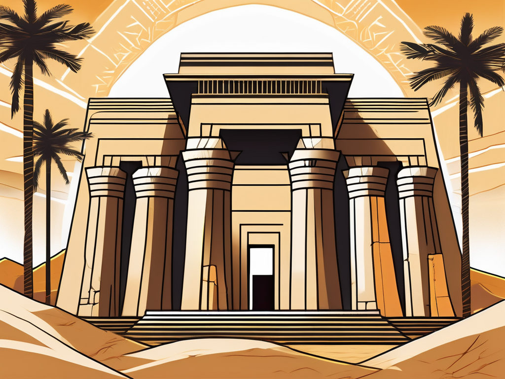 the majestic temples of Ramses II, with intricate Egyptian hieroglyphics on the walls, surrounded by the vast, sandy landscape of Egypt, under a blazing sun, hand-drawn abstract illustration for a company blog, white background, professional, minimalist, clean lines, faded colors