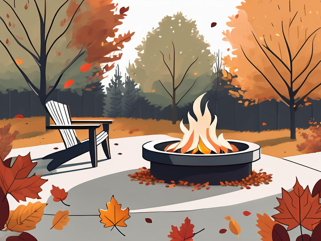 a cozy, inviting fire pit in an outdoor setting, with comfortable seating around it, and autumn leaves scattered around suggesting the change of season, hand-drawn abstract illustration for a company blog, white background, professional, minimalist, clean lines, faded colors