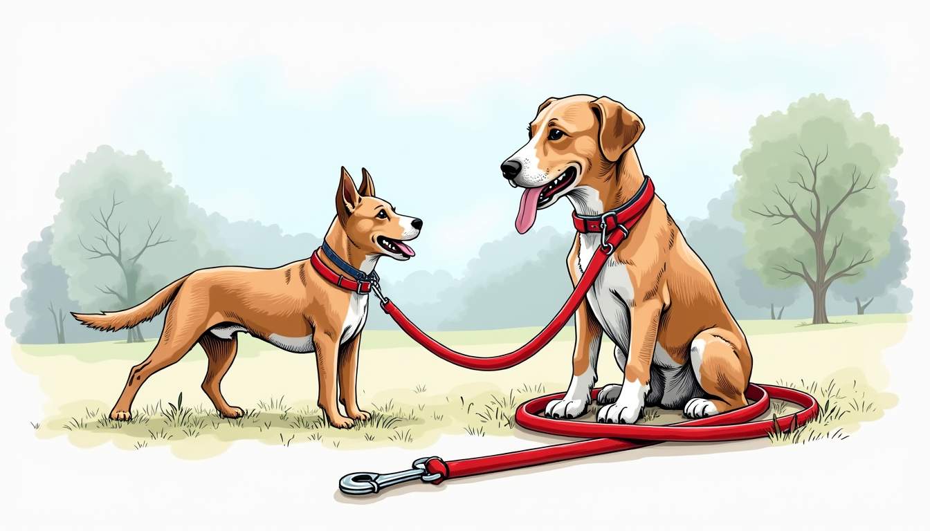 a sturdy dog leash in a vibrant color, coiled neatly beside a playful dog, with a background featuring a park setting that includes trees and a clear blue sky, emphasizing the theme of safety and durability, hand-drawn abstract illustration for a company blog, white background, professional, minimalist, clean lines, faded colors