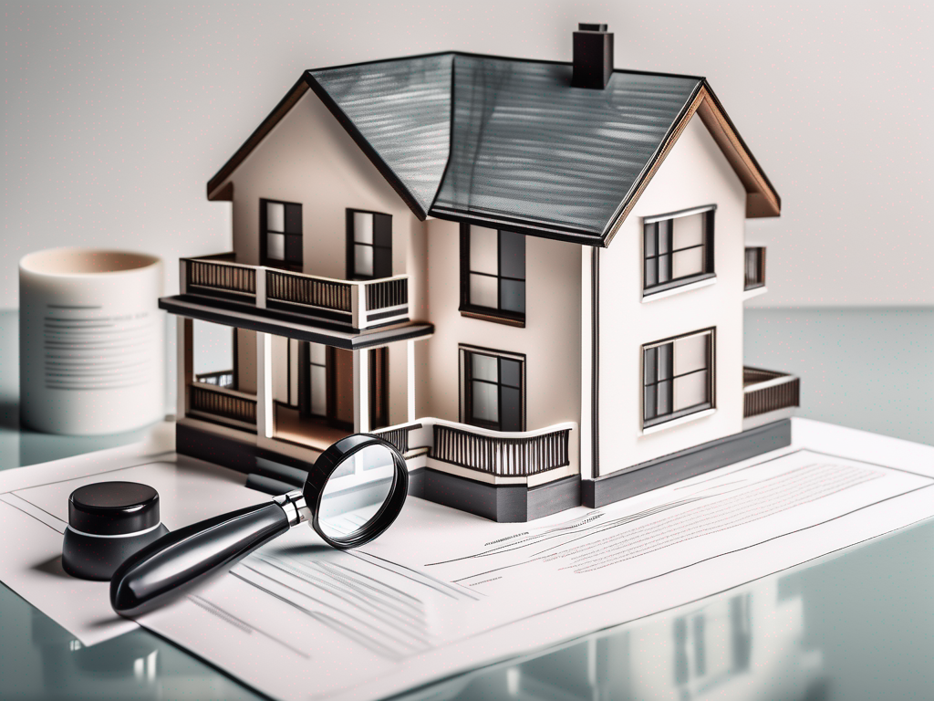 a scale model of a house with a magnifying glass hovering over it, highlighting a contract document on the table next to it, hand-drawn abstract illustration for a company blog, white background, professional, minimalist, clean lines, faded colors