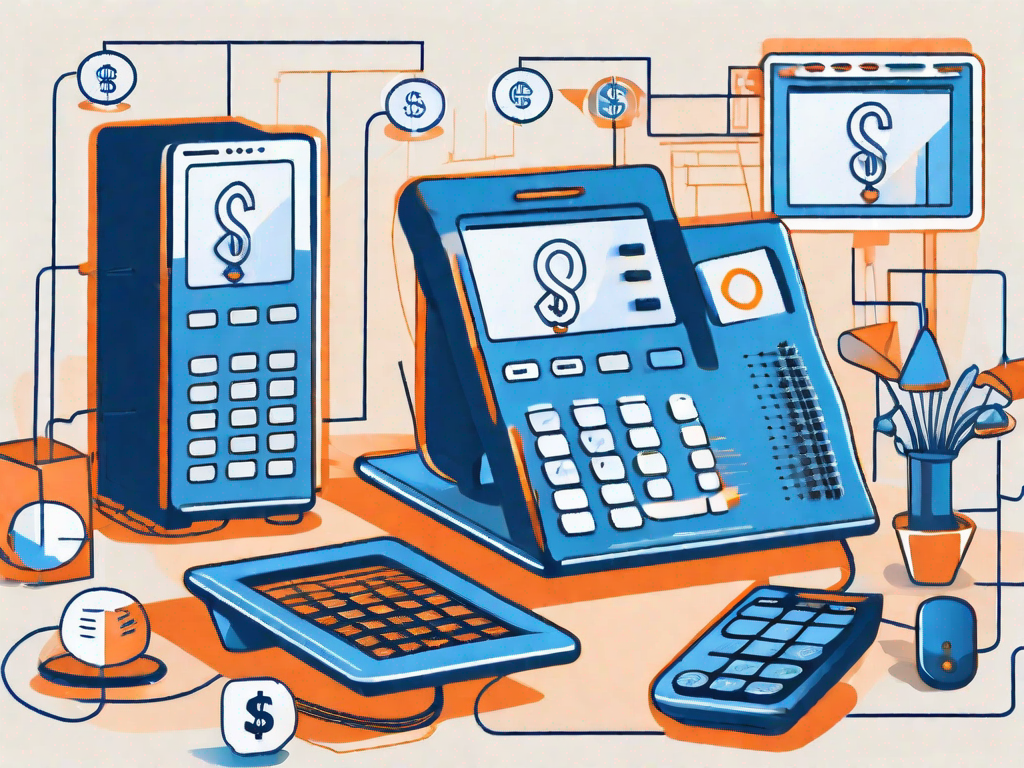 a contact center environment with various communication devices like telephones and computers, and symbols of money and calculator to represent the cost calculation process, hand-drawn abstract illustration for a company blog, white background, professional, minimalist, clean lines, blue and orange dali style