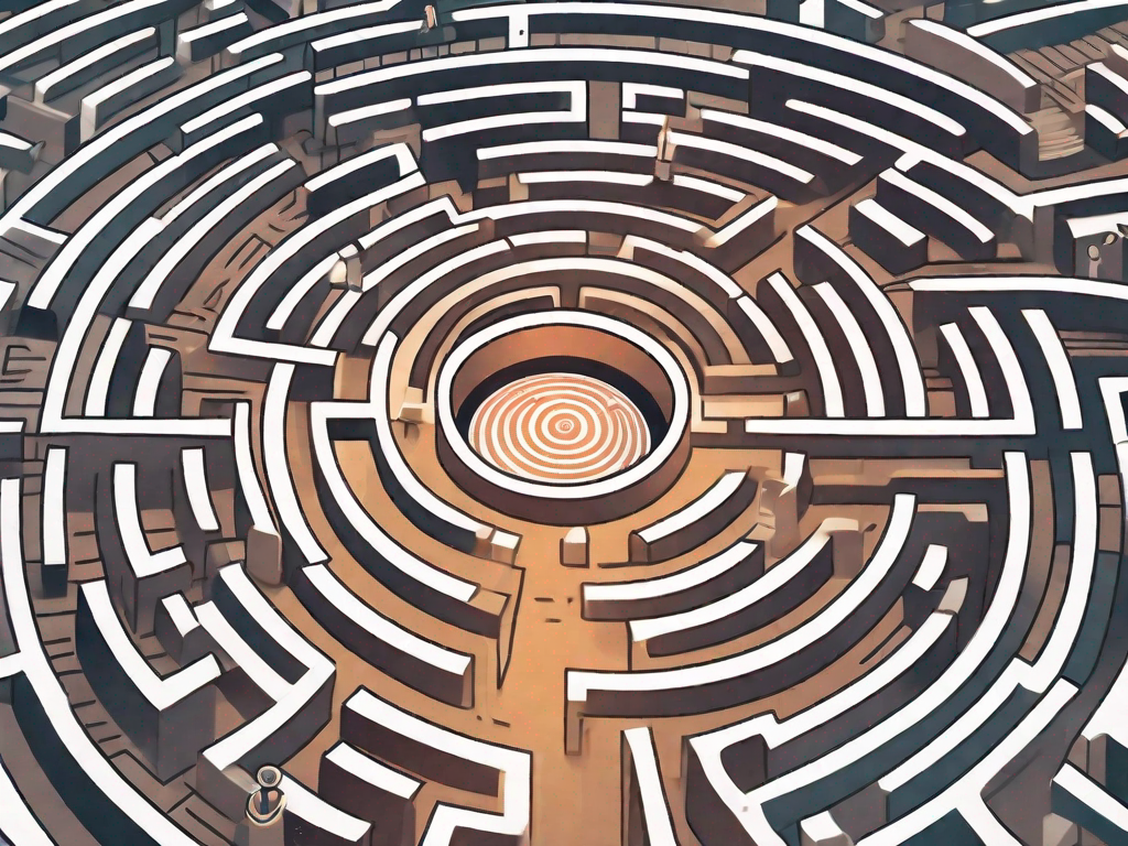a magnifying glass hovering over a complex maze that represents a banking system, symbolizing the search for a missing or non-existent account, hand-drawn abstract illustration for a company blog, white background, professional, minimalist, clean lines, faded colors