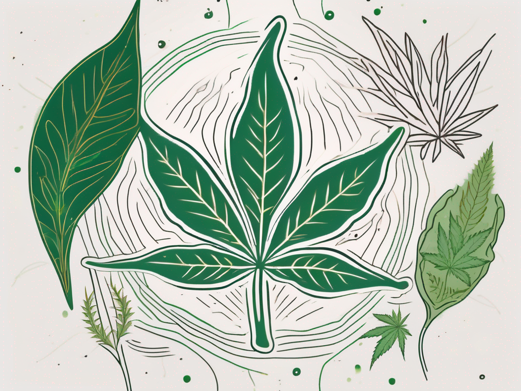 a cannabis leaf with symbolic images representing health and wellness like a heart, a brain, and a muscle, all subtly embedded within the leaf's structure, hand-drawn abstract illustration for a company blog, white background, professional, minimalist, clean lines, faded colors