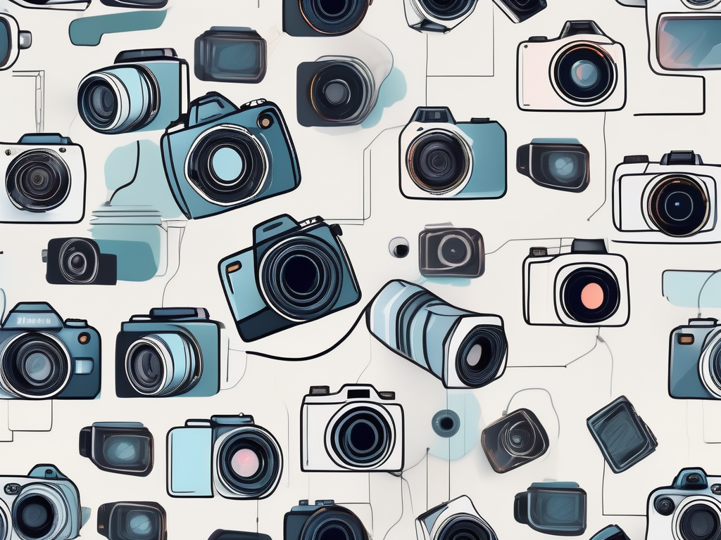 a camera integrated with futuristic AI elements, set against the backdrop of a thriving photography studio, hand-drawn abstract illustration for a company blog, white background, professional, minimalist, clean lines, faded colors