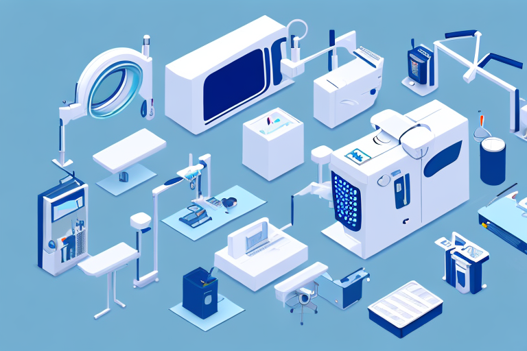 advanced ophthalmic equipment and tools, such as a laser machine and eye examination devices, set in a modern, high-tech clinic environment, hand-drawn abstract illustration for a company blog, in style of corporate memphis, faded colors, white background, professional, minimalist, clean lines