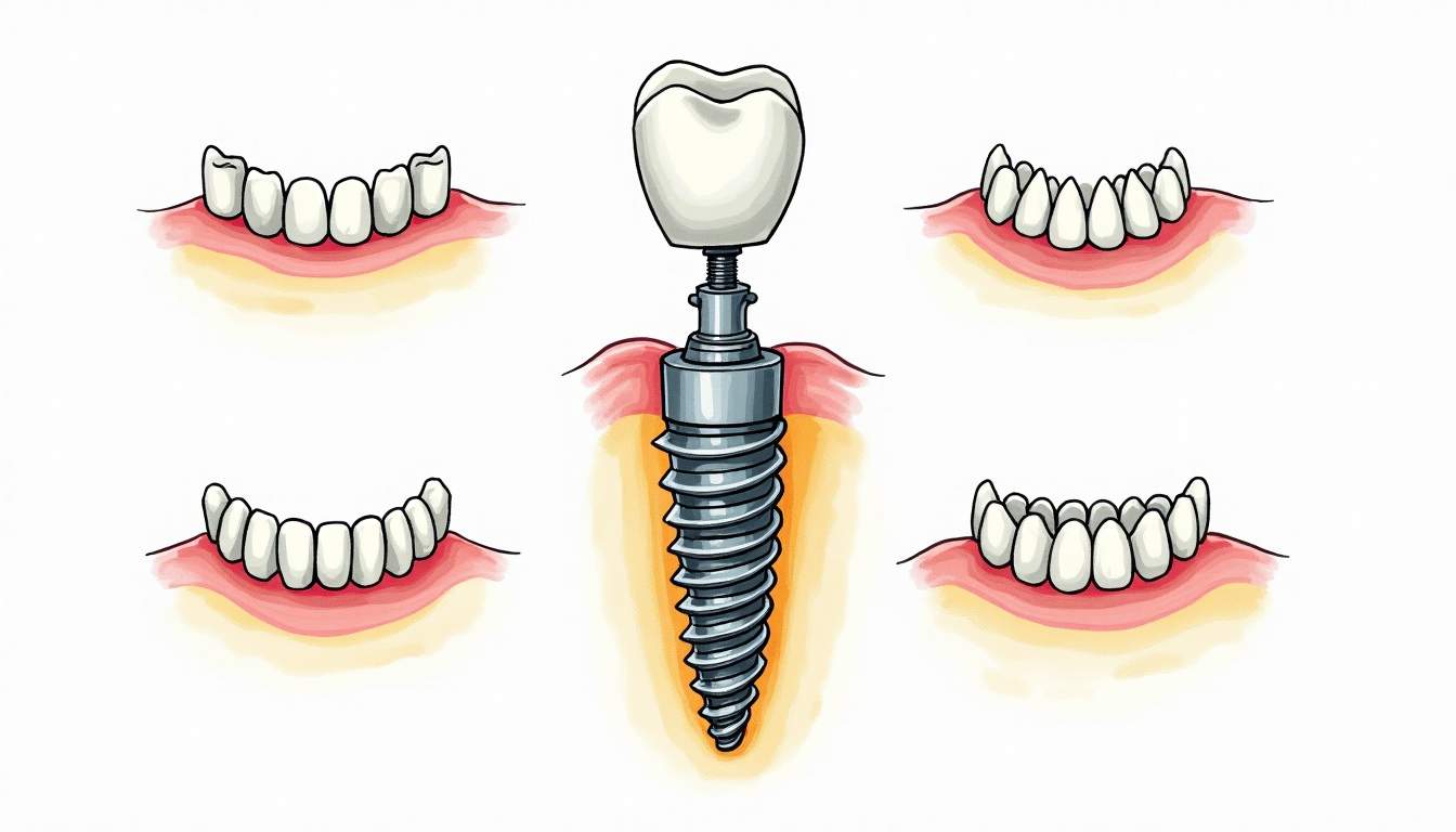 an anatomical diagram of a dental implant, highlighting its components and how it integrates with the jawbone, surrounded by illustrations of alternative tooth replacement options like dentures and bridges for comparison, hand-drawn abstract illustration for a company blog, white background, professional, minimalist, clean lines, faded colors