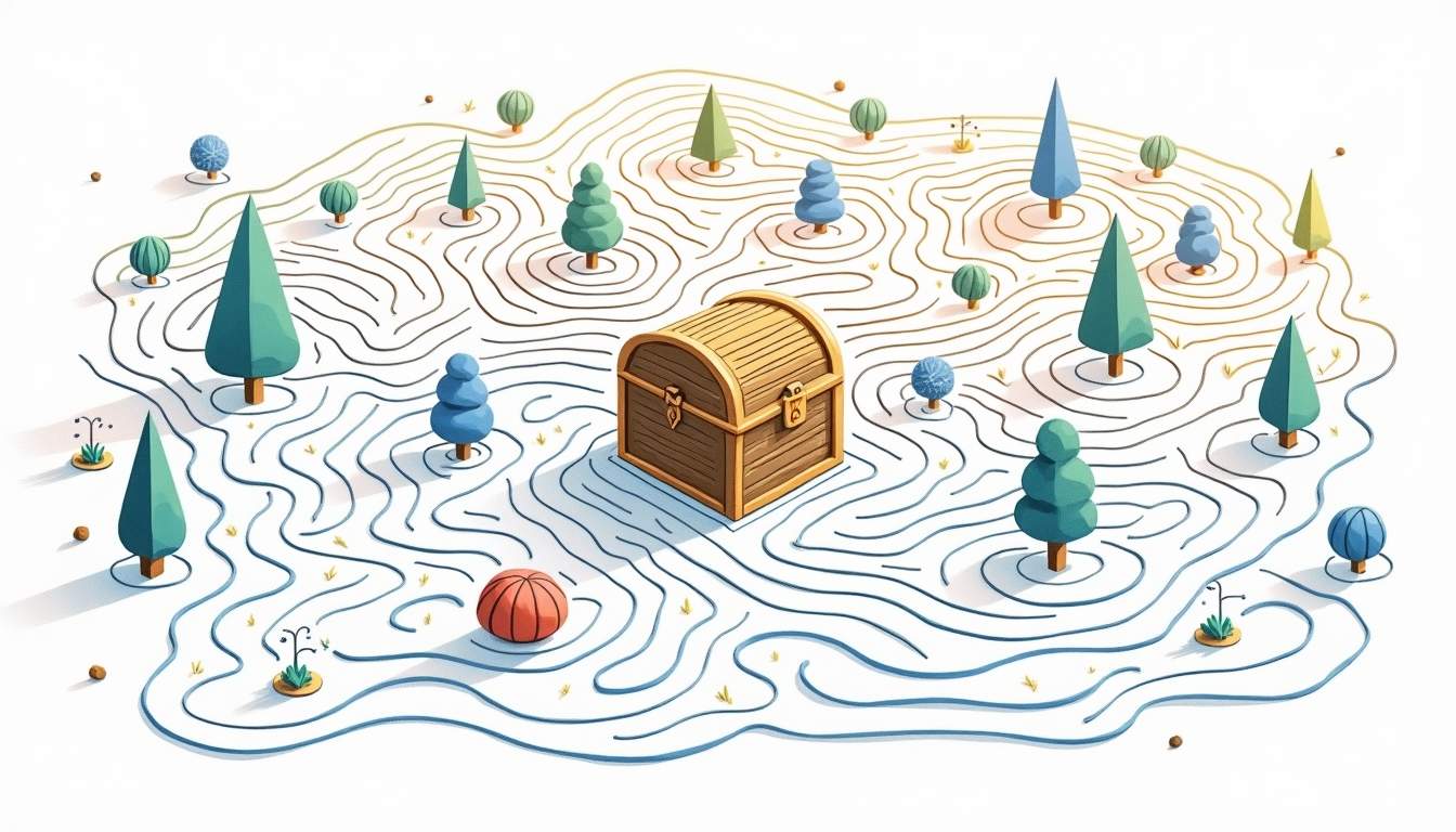 an intricate maze with various pathways leading to a central treasure chest labeled 