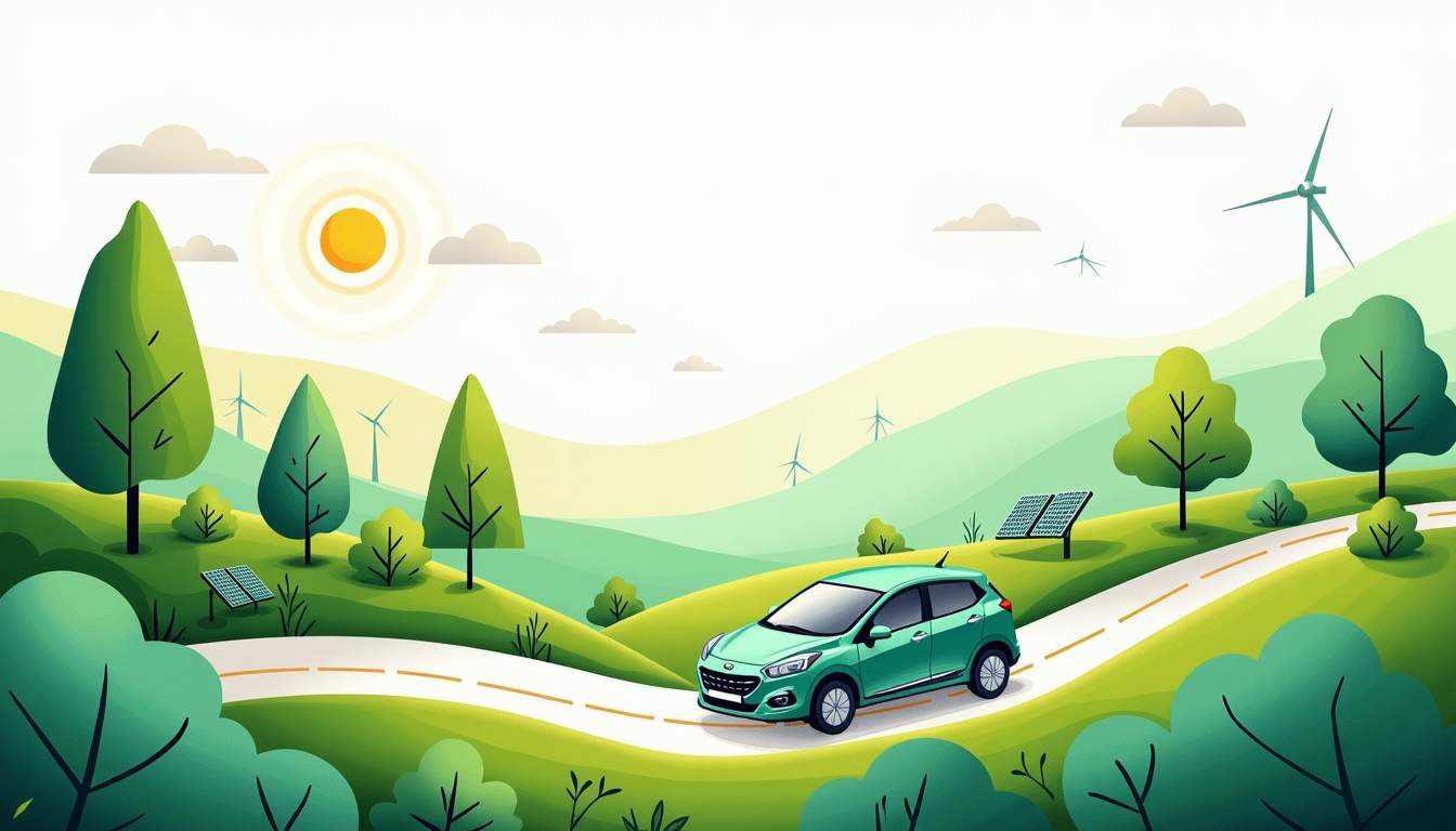 a vibrant landscape featuring a fuel-efficient car driving along a winding road surrounded by lush greenery, with symbols of eco-friendly practices like trees, solar panels, and wind turbines integrated into the scenery, hand-drawn abstract illustration for a company blog, white background, professional, minimalist, clean lines, faded colors