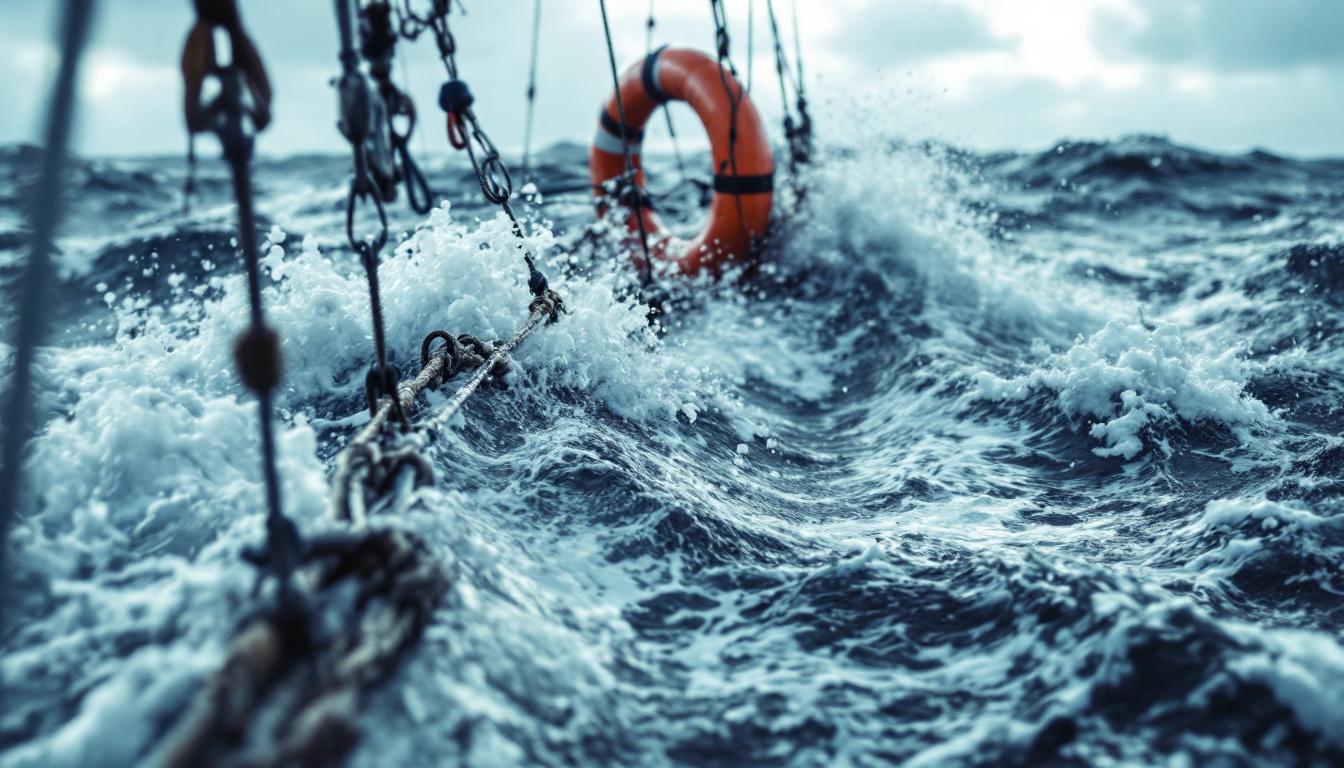 Rough ocean waves crashing against mooring lines and hardware, highlighting the forces acting on marine mooring systems in harsh sea conditions.